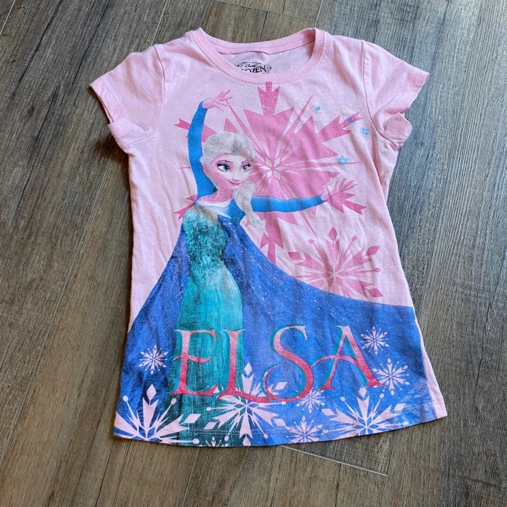 Disney Frozen Elsa Anna Graphic T-Shirt Bundle Pink‎ Gray Girls Size M 7-8 2PK
